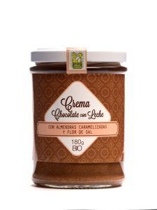 Crema gourmet de chocolate ecológico para untar. Con Almendras caramelizadas y flor de sal.