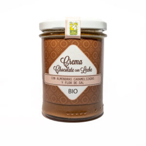 CREMA BIO&FT de Chocolate con LECHE con 45% de ALMENDRAS y flor de SAL, 200 g.
