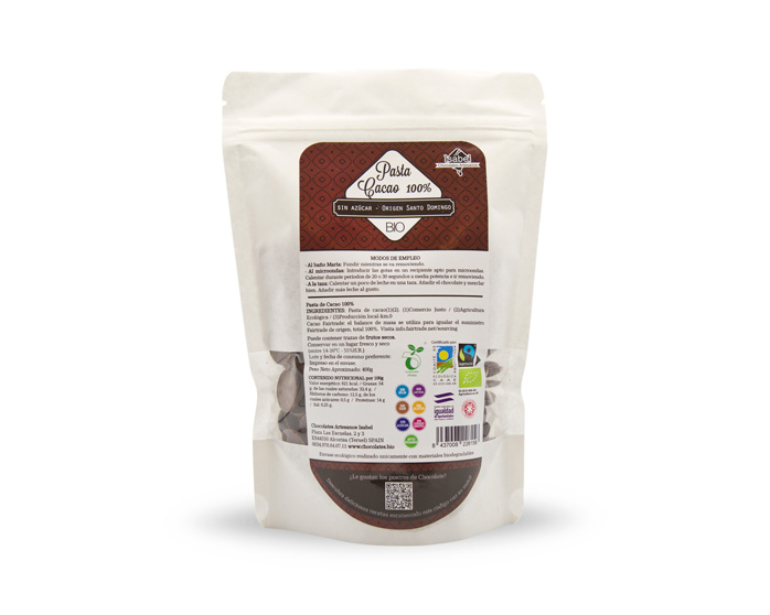 PASTA de CACAO BIO&FT 100% cacao, sin azúcar, sin gluten. 400 g.