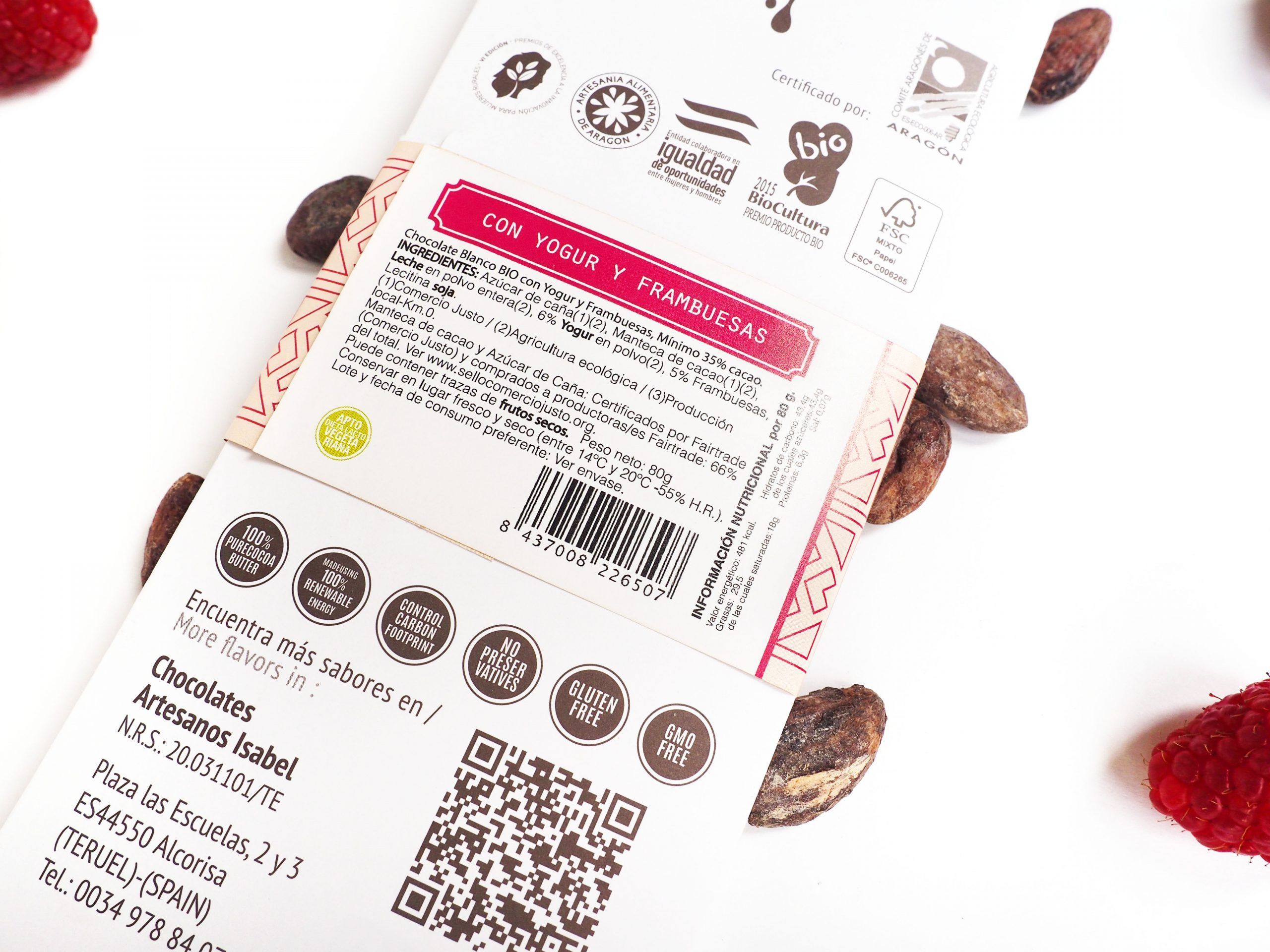 Tableta Chocolate Blanco con Yogur y Frambuesa ECO y BIO