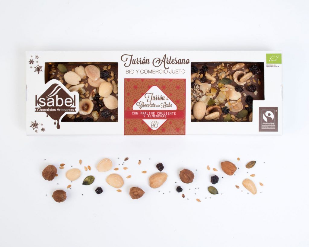 Turrón artesano de chocolate bio con praliné crujiente y frutos secos