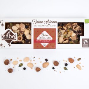 Turrón artesano de chocolate bio con praliné crujiente y frutos secos